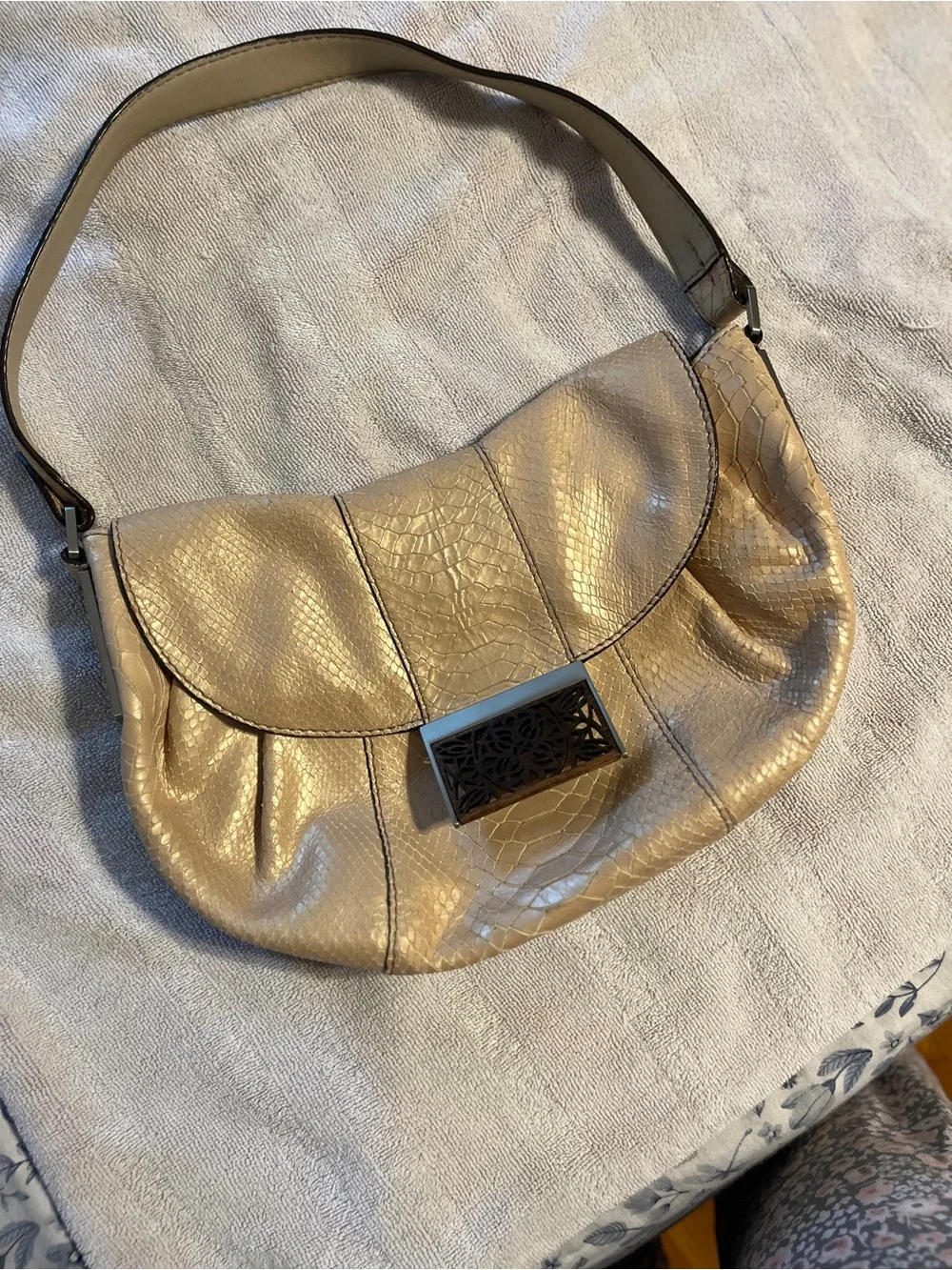 Calvin Klein Metallic Gold Croc-Embossed Shoulder Bag with Filigree Clasp